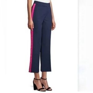 Enthread Navy Blue Cropped High Waisted Trousers with Pink Stripe Size 8